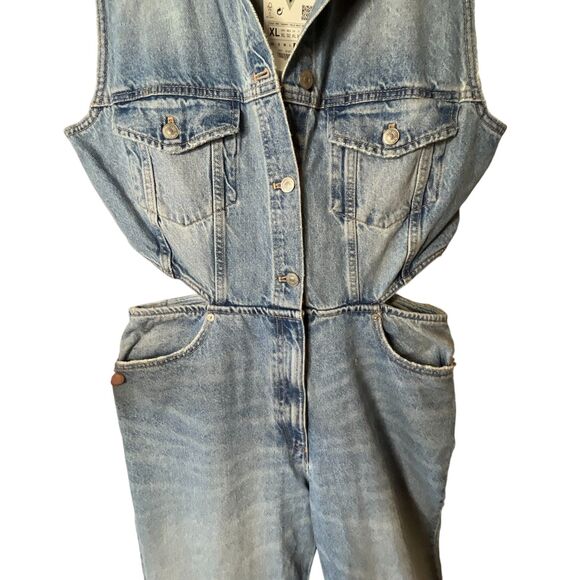 NWT Zara Full Length Denim Cut Out Jumpsuit Sz XL Sleeveless Distressed - Picture 8 of 16
